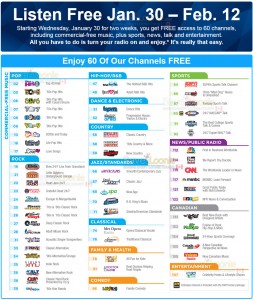 Over 60 Free Sirius XM Radio Channels available from January 30th to February 12th 2013