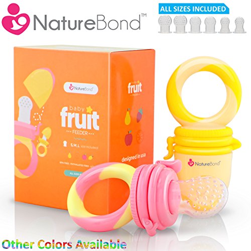 NatureBond Baby Food Feeder / Fruit Feeder Pacifier (2 PCs) – Infant Teething Toy Nibbler Teether and Silicone Food Pouches in Appetite Stimulating Colors