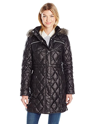 GUESS Women's Polyfill Cinched Waist Quilted Puffer Faux Fur Hood ...