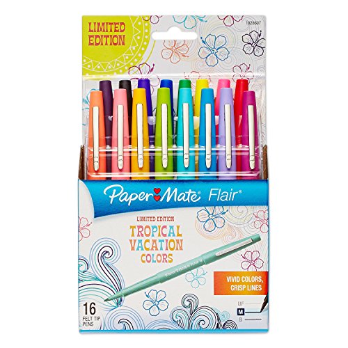 Paper Mate Flair Porous-Point Felt Tip Pen, Medium Tip, Limited Edition Tropical Vacation Colors, 16-Count