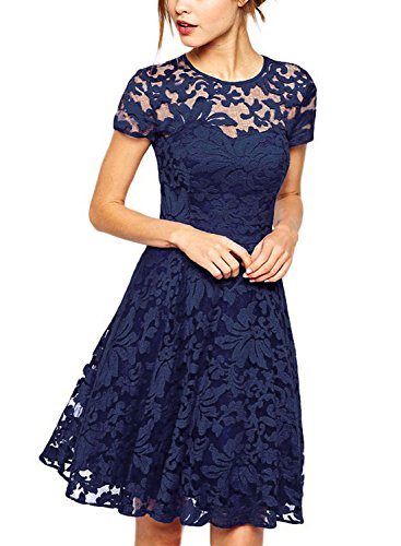 Ruiyige Womens O-Neck Short Sleeve Floral Lace Mini Party Evening Cocktail Dress