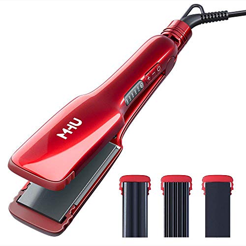 MHU Pro Wide Plate Ceramic 3 in 1 Hair Crimper Hair Waver and Hair Straightener, 1.5 Inch