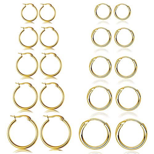 10 Pairs Small Hoop Earring Set Stainless Steel, Hypoallergenic 10-20MM