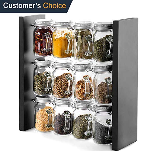 Spice Rack Stand with 12 Clear Glass Jar Bottles