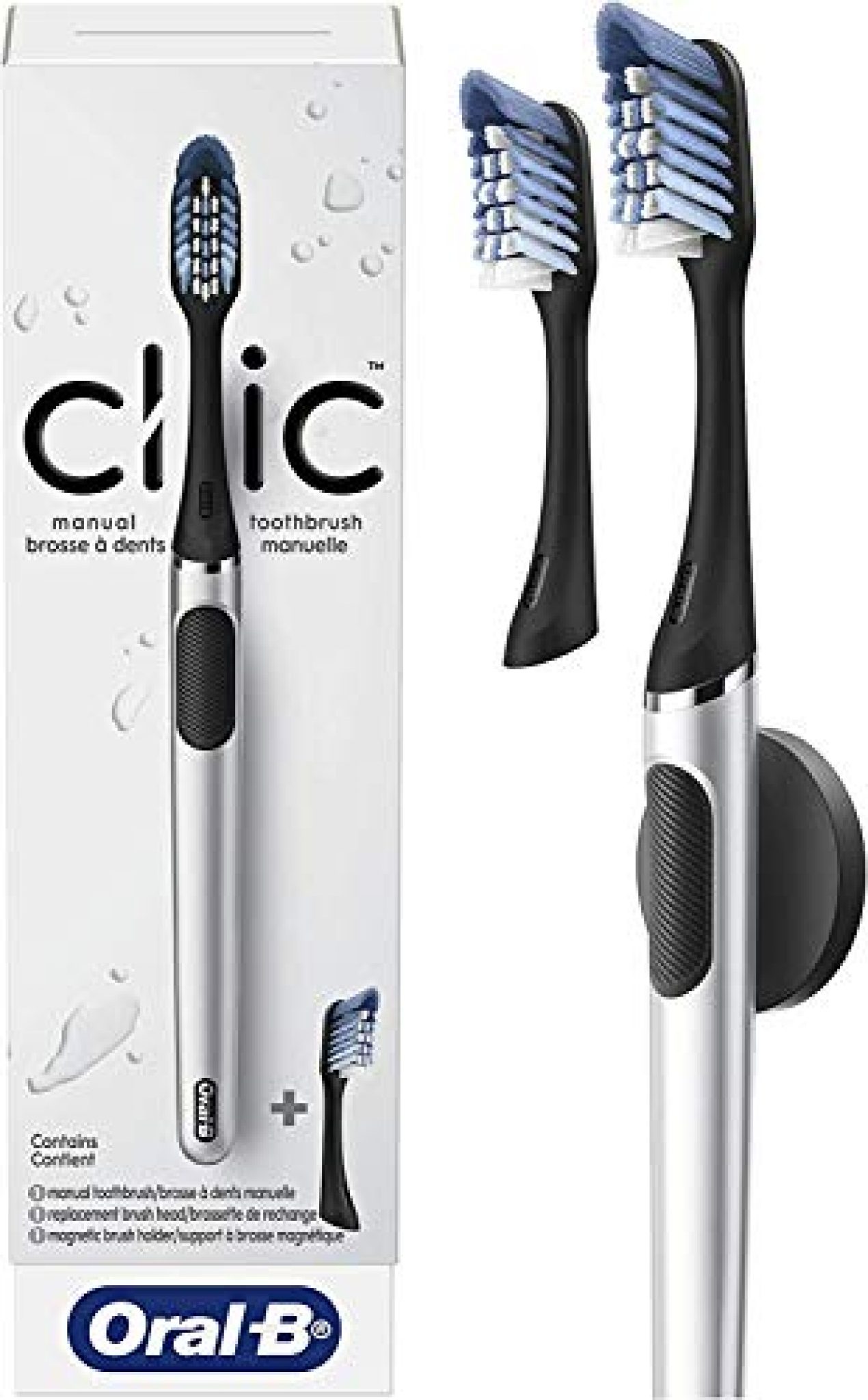Oral B Clic Manual Toothbrush, Chrome Black, with 2 Replaceable Brush