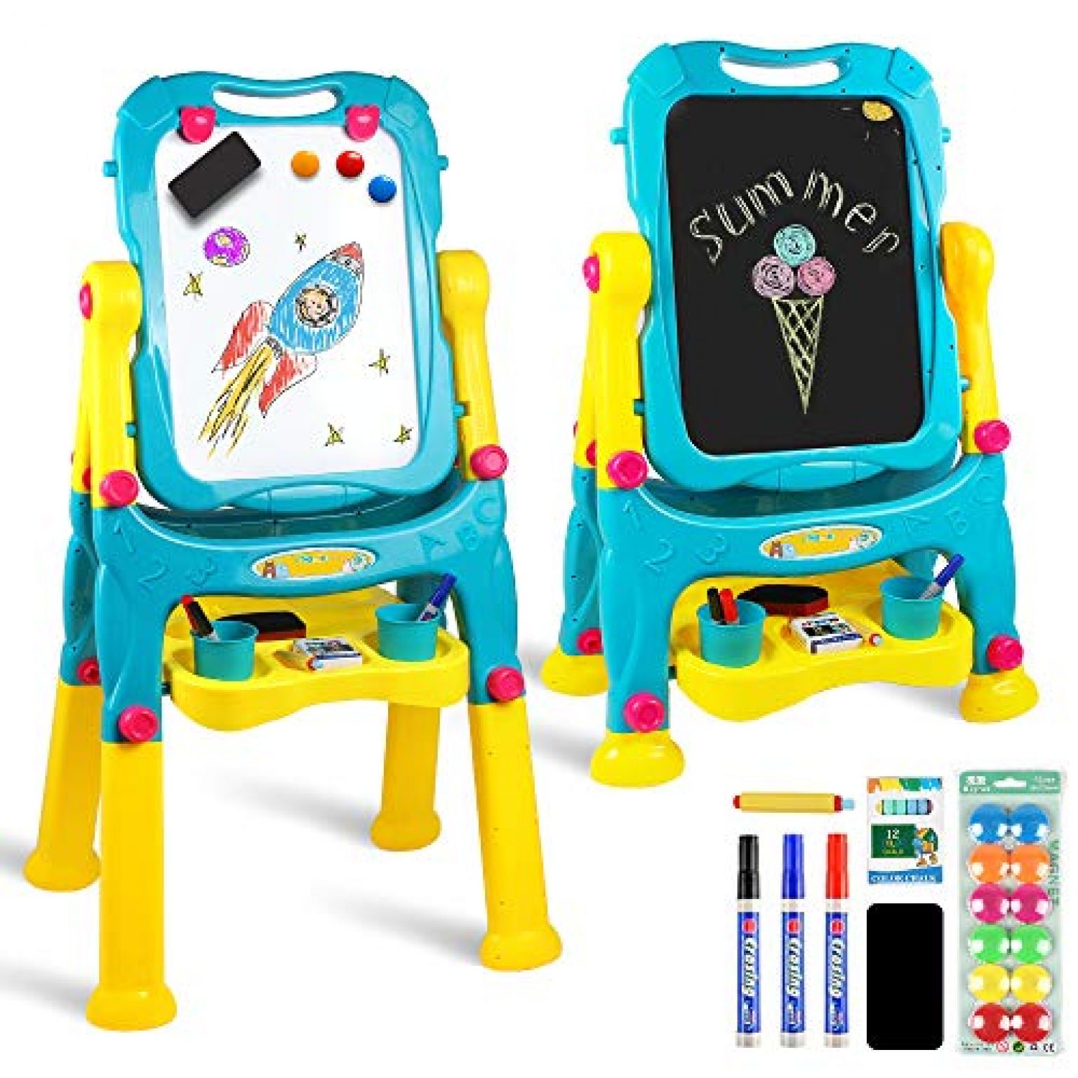Tomons Adjustable Height Kids Easel, Double Sided Whiteboard