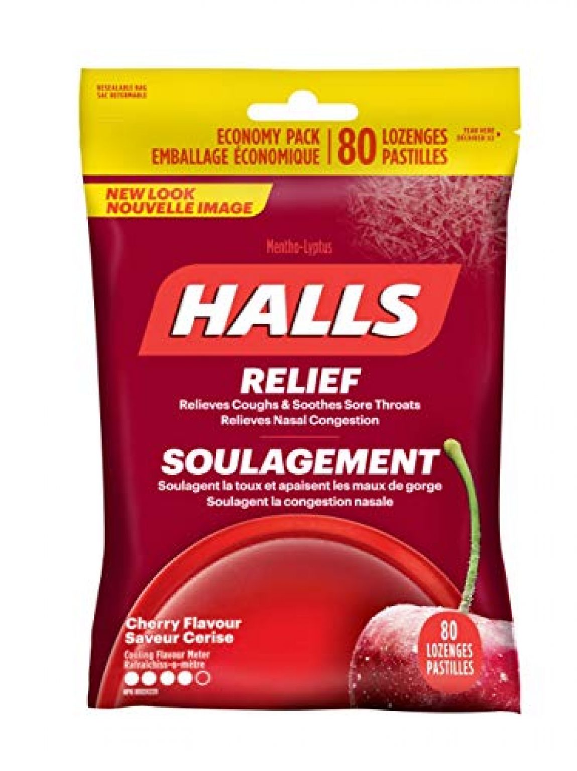 HALLS Triple Soothing Action Cough Drops, Cherry, 1 Resealable Bag (80