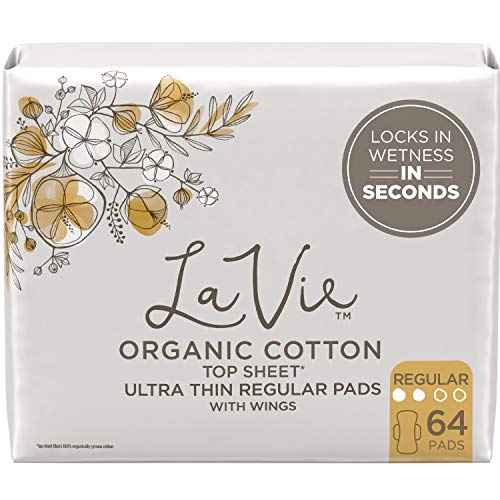 La Vie Organic Cotton Top Sheet Feminine Pads with Wings, Ultra Thin, Regular, 64 Count