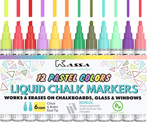 Kassa Liquid Chalk Markers for Blackboards (12 Pastel Colors)