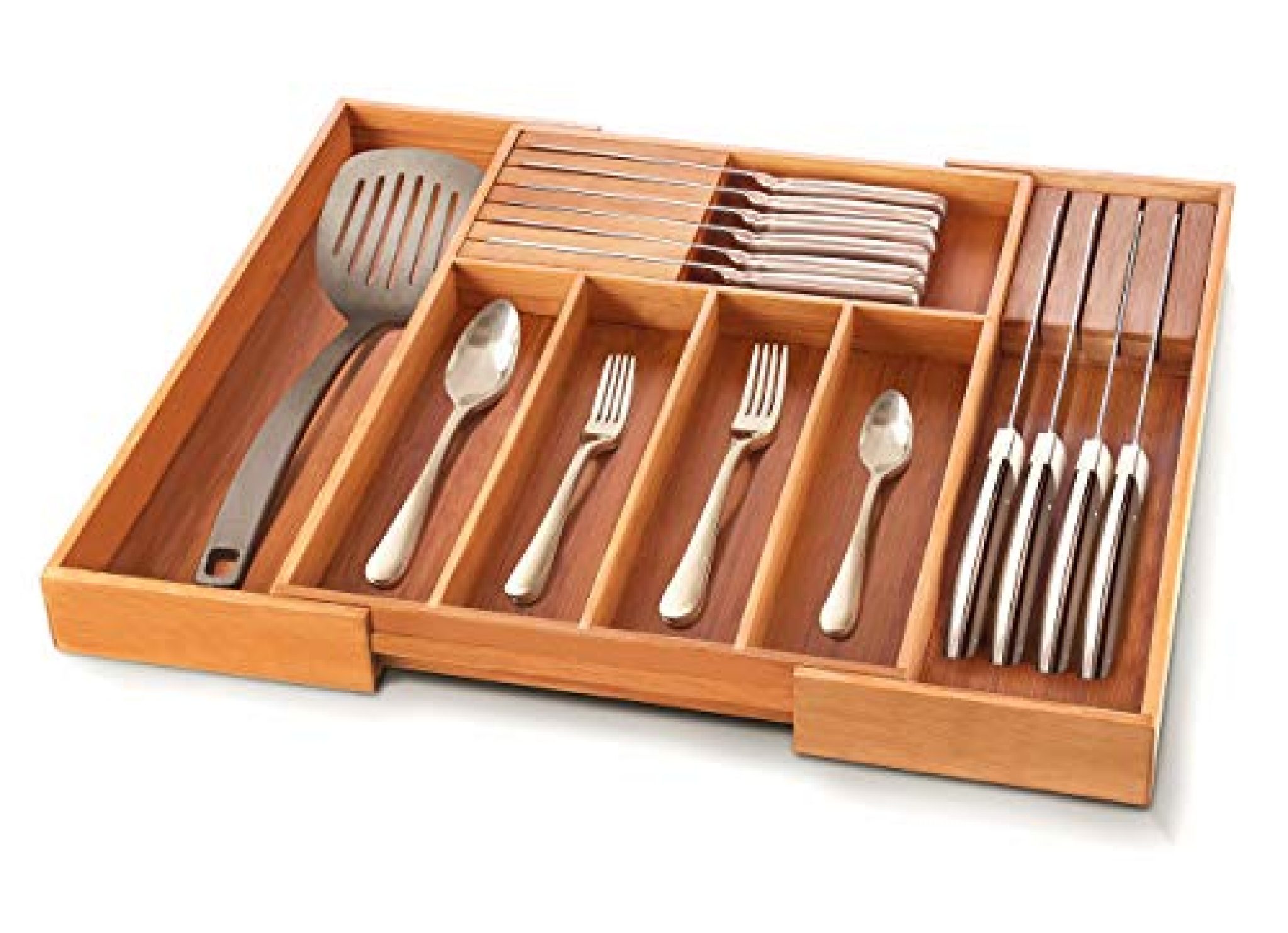 Bambusi Bamboo Silverware Drawer Organizer with 2 Removable Knife
