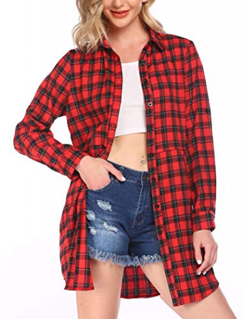 Hotouch Flannel Shirts for Women Roll Up Long Sleeve Collared Pockets ...