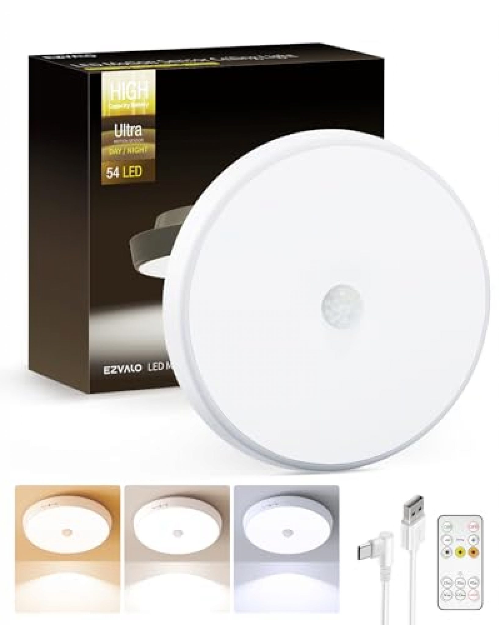 EZVALO Wireless Rechargeable Motion Sensor Ceiling Light with Remote ...