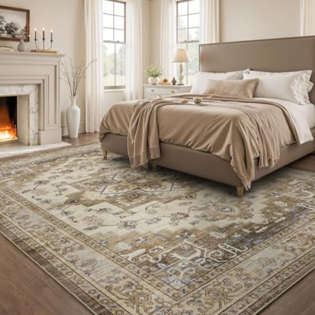 Area Rug for Living Room 8x10 Large Carpet-Machine Washable Retro Medallion Traditional Rugs for Bedroom Dining Room Office Nursery Rug Non Slip Vintage Taupe-Floral