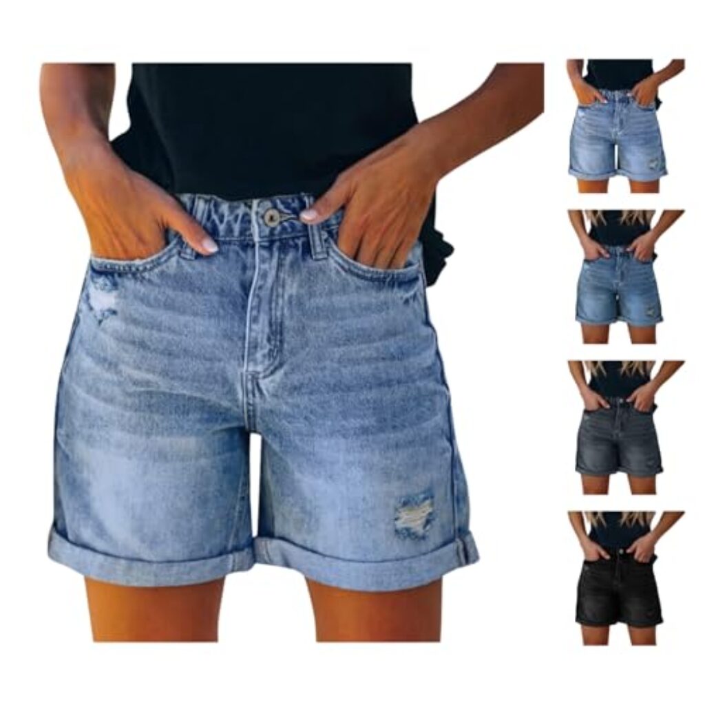 Jean Shorts Women High Waisted Stretch Ripped Distressed Denim Shorts Casual Fashion Y2k Folded Hem Jorts with Pocket