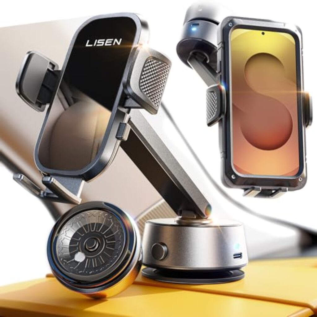 LISEN Car Phone Mount, Full-Self Electronic Suction Cup Phone Holder Car, [95+LBS Suction & 360° Rotation] Cell Phone Holder for Galaxy S25 Ultra, iPhone 16 Pro Max, 4.0''-7.0'' Mobile, Space Black