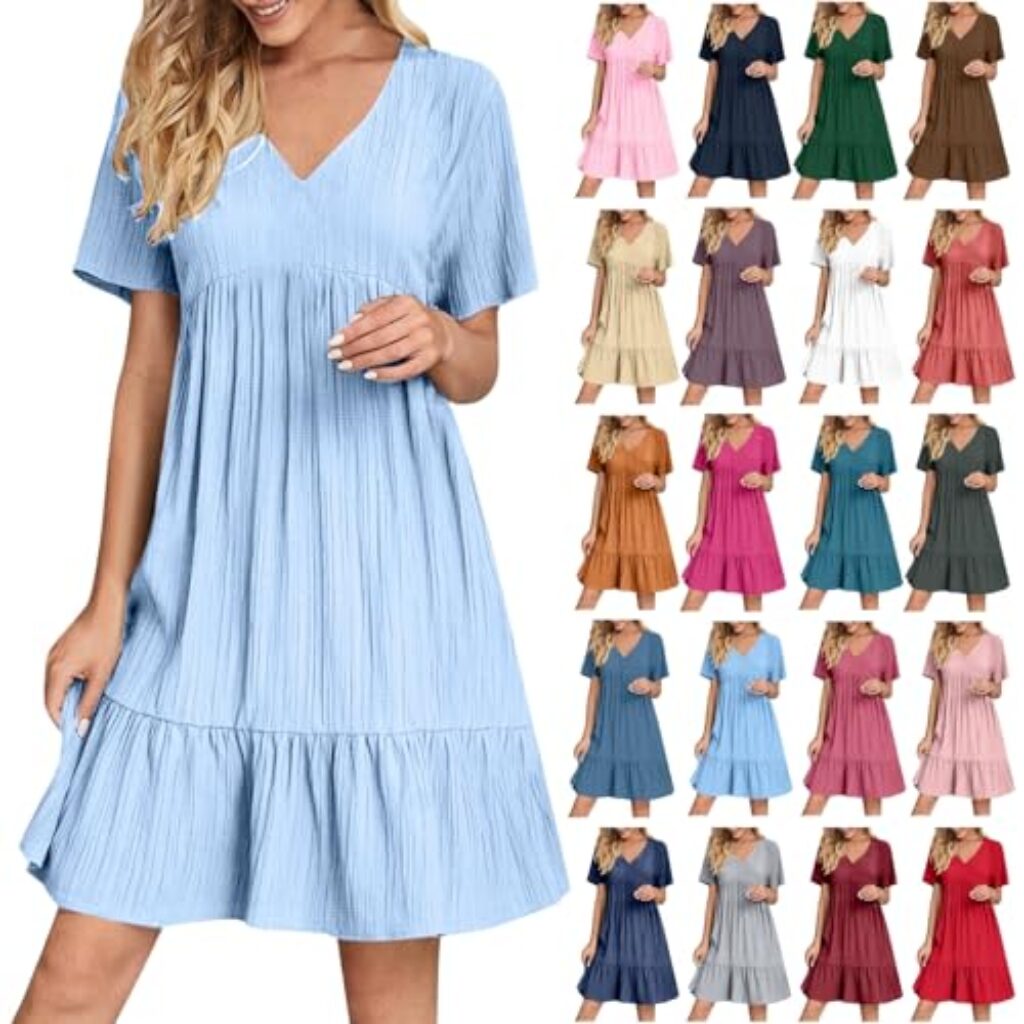 Summer Dress for Women Plus Size Short Sleeve V Neck Flowy A-Line Mini Dresses Casual Trendy Beach Vacation Sundress