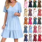Summer Dress for Women Plus Size Short Sleeve V Neck Flowy A-Line Mini Dresses Casual Trendy Beach Vacation Sundress