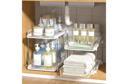 Delamu 2-Tier Multi-Purpose Bathroom Under Sink Organizers and Storage, 2 Pack