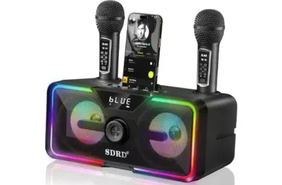 SDRD Bluetooth Karaoke Machine with 2 Wireless Mics & LED Lights