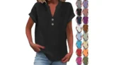 Women Summer Cotton Linen V Neck Tops