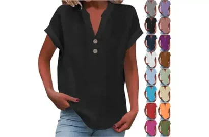 Women Summer Cotton Linen V Neck Tops