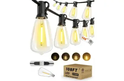 Pesken Outdoor String Lights Waterproof, Dimmable Shatterproof Edison Bulbs, 108FT