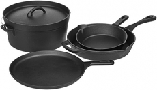 AmazonBasics Pre-Seasoned Cast Iron 5-Piece Kitchen Cookware Set, Pots and Pans