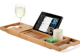 Bambusi Bathtub Caddy Bamboo Bath Tray with Extending Sides, Reading Rack, Tablet Holder, Cellphone Tray and Wine Glass Holder