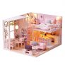 Decdeal DIY Miniature Dollhouse Kit 3D Pink Wooden House Room Toy Furniture LED Lights