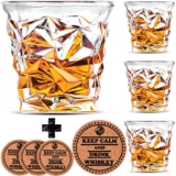 Diamond Whiskey Glasses – Set of 4 – by Vaci + 4 Drink Coasters