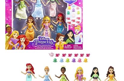 Mattel Disney Princess Toys, 6 Posable Small Dolls with Sparkling Clothing and 13 Tea Party Accessories