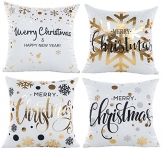 Merry Christmas Series Cotton Linen Decorative Throw Pillow Covers 18 Inch By 18 Inch (Gold Foil Xmas 4)