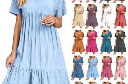 Short Sleeve V Neck Flowy A-Line Mini Dress